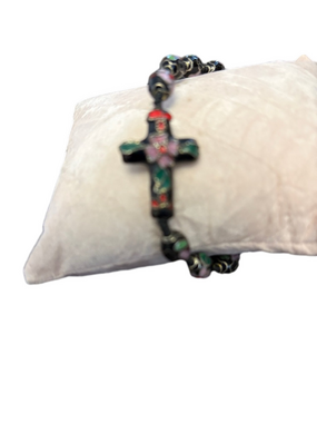 Vintage Black Floral Cloisonné Cross Bead Bracelet - Pink & Green Accents